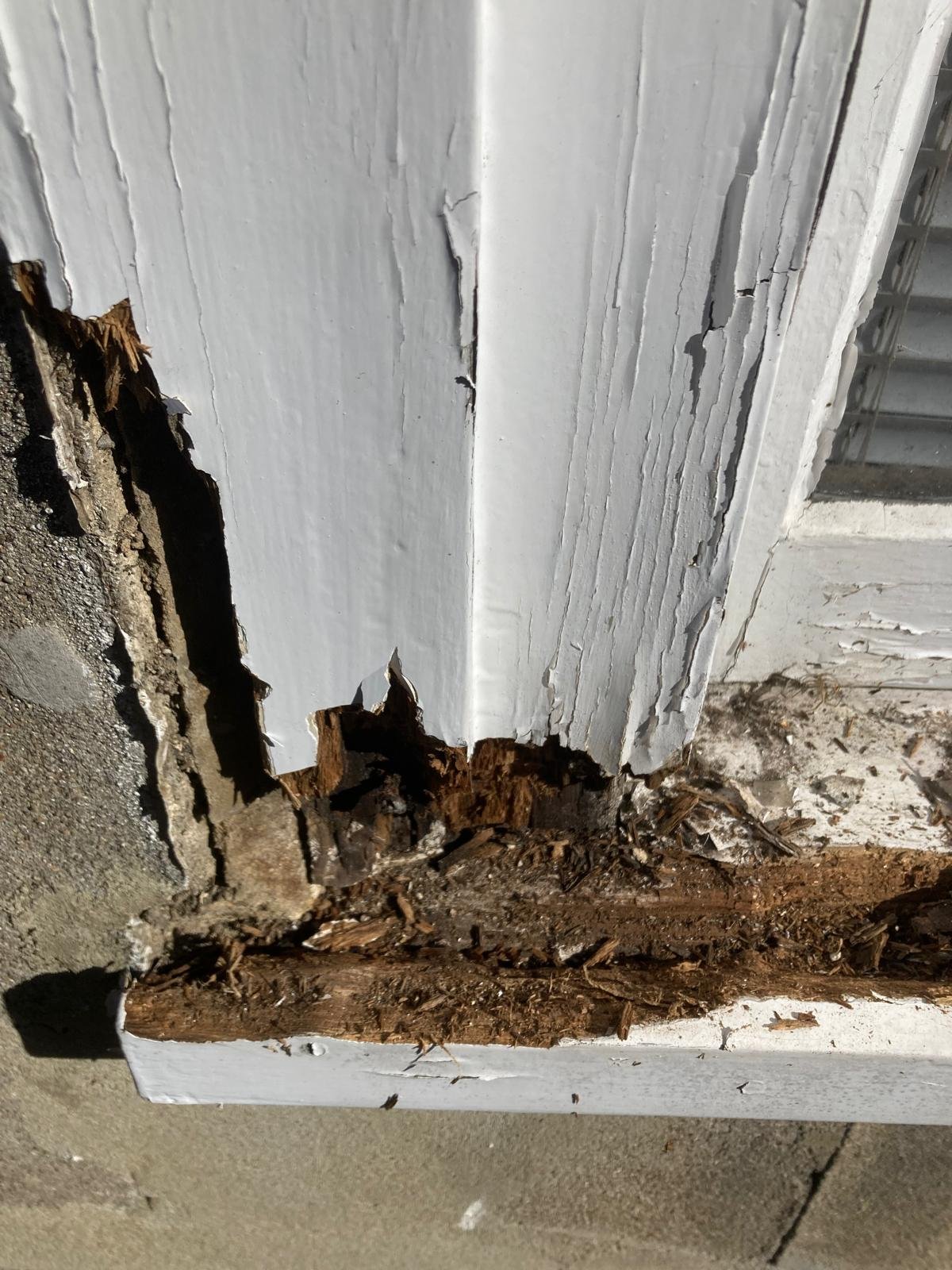 Rotten timber window sill with paint lifting away