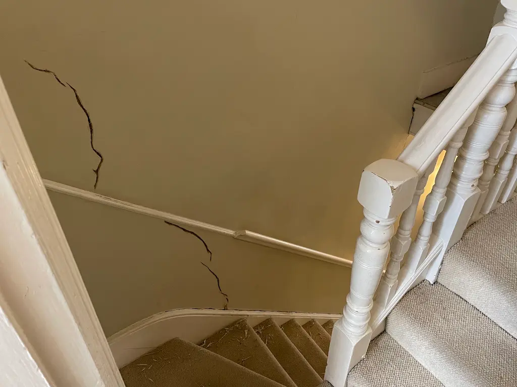 Before, Cracked stairwell plaster repaired and redecorated, Stairwell · Twickenham